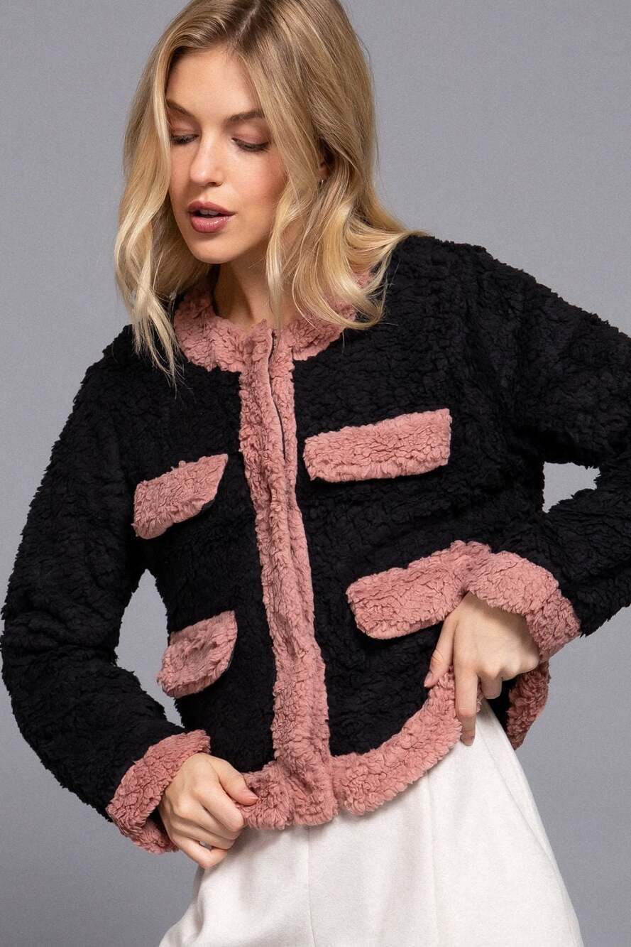 Active USA  Black Blush Long Sleeve Faux Teddy Sherpa Lined Jacket with Pockets